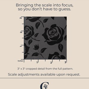 May include: A close-up of a 3-inch by 3-inch section of a floral pattern. The pattern features black roses and leaves on a gray background. The text "A Closer Look" and "CORALLINE MODERN LUXURY" are also visible.