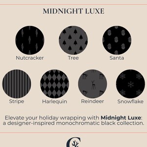 Peut inclure: Publicit&eacute; pour la collection de papier cadeau Midnight Luxe. L'image pr&eacute;sente six motifs circulaires : Casse-Noisette, Arbre, P&egrave;re No&euml;l, Rayure, Arlequin, Renne et Flocon de neige. Le texte indique : &laquo; Rehaussez vos emballages de f&ecirc;tes avec Midnight Luxe : une collection noire monochrome inspir&eacute;e des designers. &raquo;