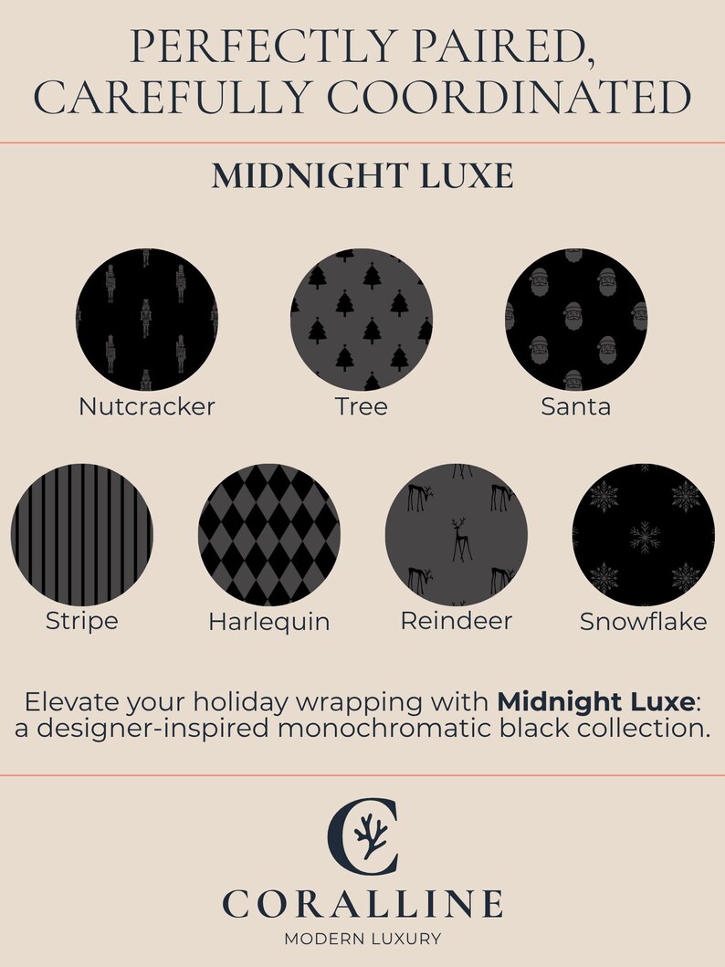 Peut inclure: Publicit&eacute; pour la collection de papier cadeau Midnight Luxe. L'image pr&eacute;sente six motifs circulaires : Casse-Noisette, Arbre, P&egrave;re No&euml;l, Rayure, Arlequin, Renne et Flocon de neige. Le texte indique : &laquo; Rehaussez vos emballages de f&ecirc;tes avec Midnight Luxe : une collection noire monochrome inspir&eacute;e des designers. &raquo;