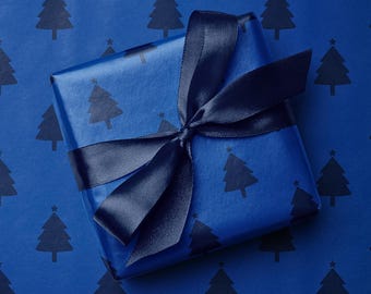 Blue Christmas Tree Wrapping Paper, Monochromatic Navy Gift Wrap