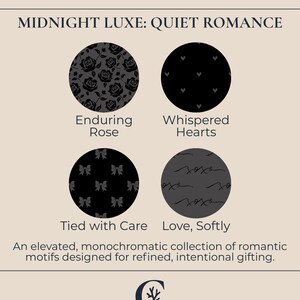 May include: An advertisement for Coralline Modern Luxury features four circular designs with romantic motifs. The designs include roses, hearts, bows, and the text "xoxo" in a monochromatic color scheme. Text reads "Perfectly Paired, Carefully Coordinated."