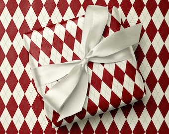Red Argyle Wrapping Paper, Preppy Diamond Gift Wrap, Holiday Seasonal Paper Roll