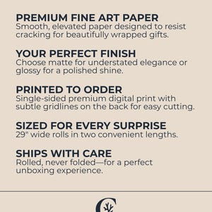 Op de afbeelding: Cr&egrave;mekleurige advertentie met de tekst "WRAP BEAUTIFULLY." Details zijn onder meer "PREMIUM FINE ART PAPER", "YOUR PERFECT FINISH", "PRINTED TO ORDER" en "SIZED FOR EVERY SURPRISE" met rollen van 73,66 cm breed. Het Coralline-logo staat onderaan.
