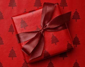 Red Christmas Tree Wrapping Paper, Monochromatic Holiday Gift Wrap Roll