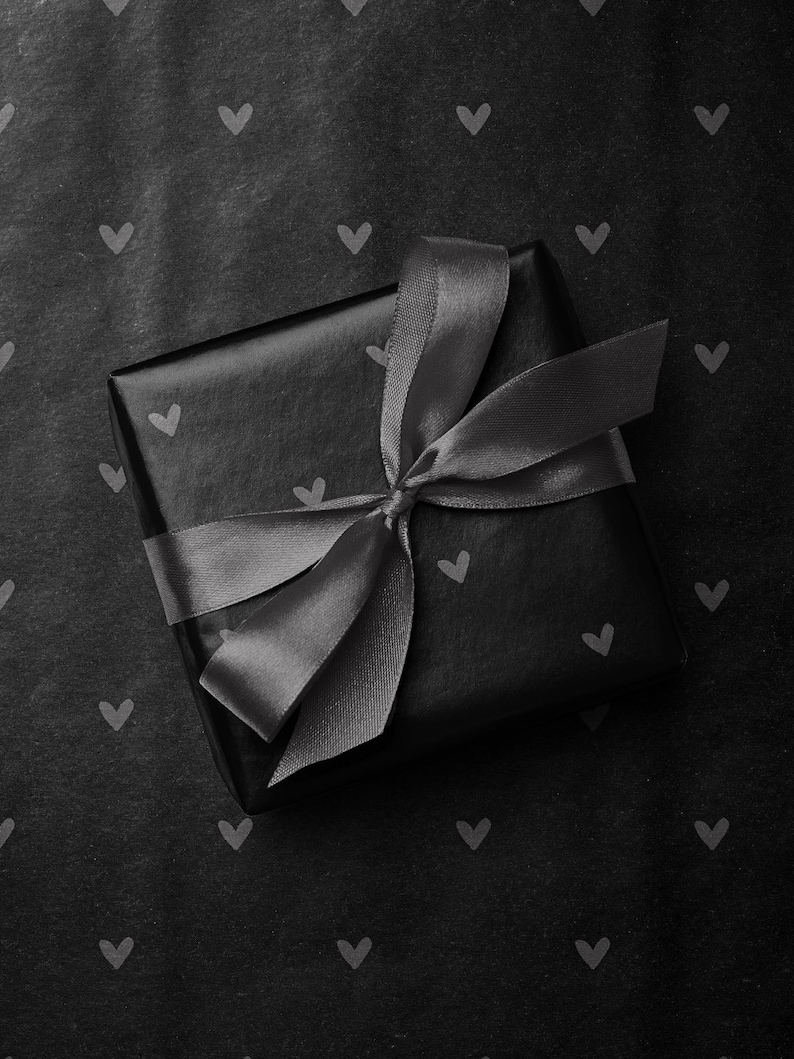 Black Heart Wrapping Paper, Minimalist Romantic Gift Wrap, Modern Monochrome Hearts Roll image 1