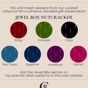 Op de afbeelding: Afbeelding met een kleurenpalet voor de "Jewel Box Nutcracker" collectie. Elke kleur, waaronder Ruby, Emerald, Onyx, Teal Topaz, Sapphire, Amethyst en Garnet, heeft een patroon van notenkrakerfiguren.