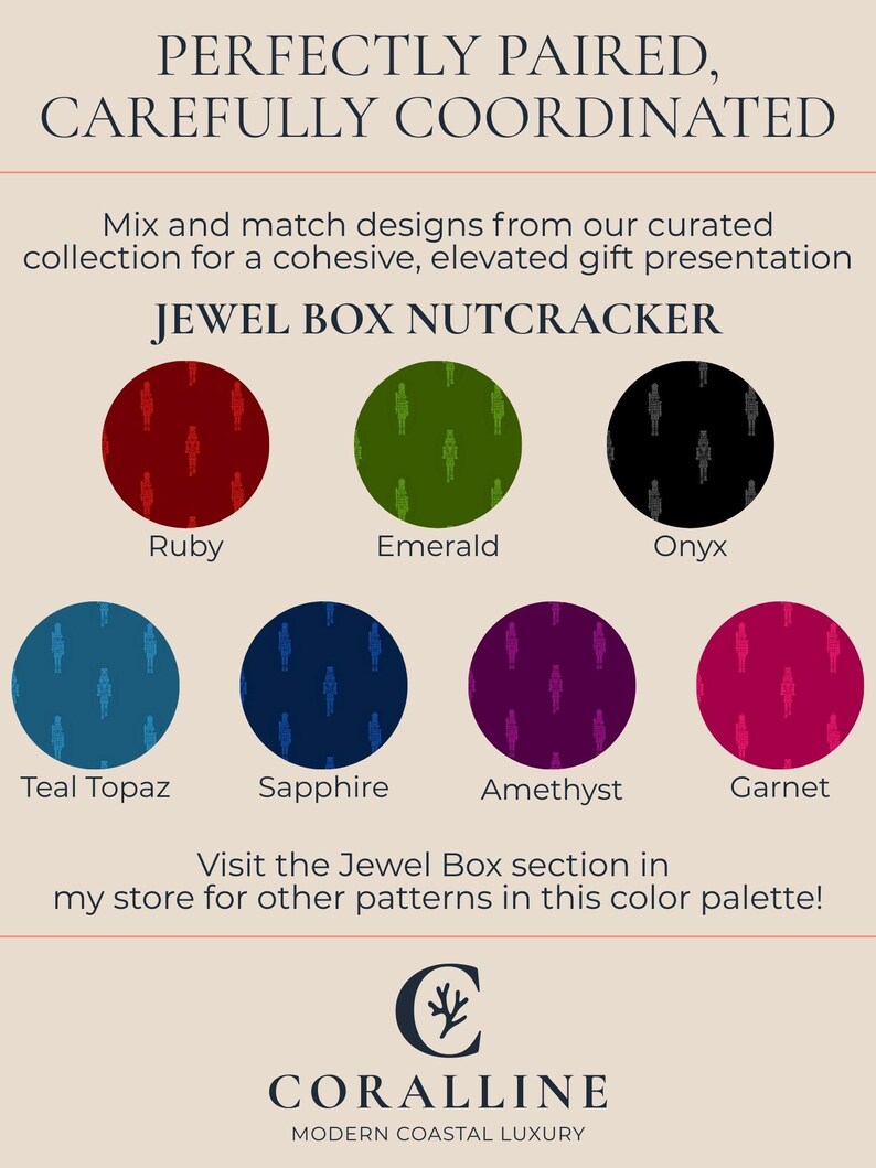 Op de afbeelding: Afbeelding met een kleurenpalet voor de "Jewel Box Nutcracker" collectie. Elke kleur, waaronder Ruby, Emerald, Onyx, Teal Topaz, Sapphire, Amethyst en Garnet, heeft een patroon van notenkrakerfiguren.