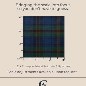 May include: A close-up of a blue, green, and brown plaid fabric sample, measuring 3 inches by 3 inches. The image includes a scale in inches and the text "A Closer Look."