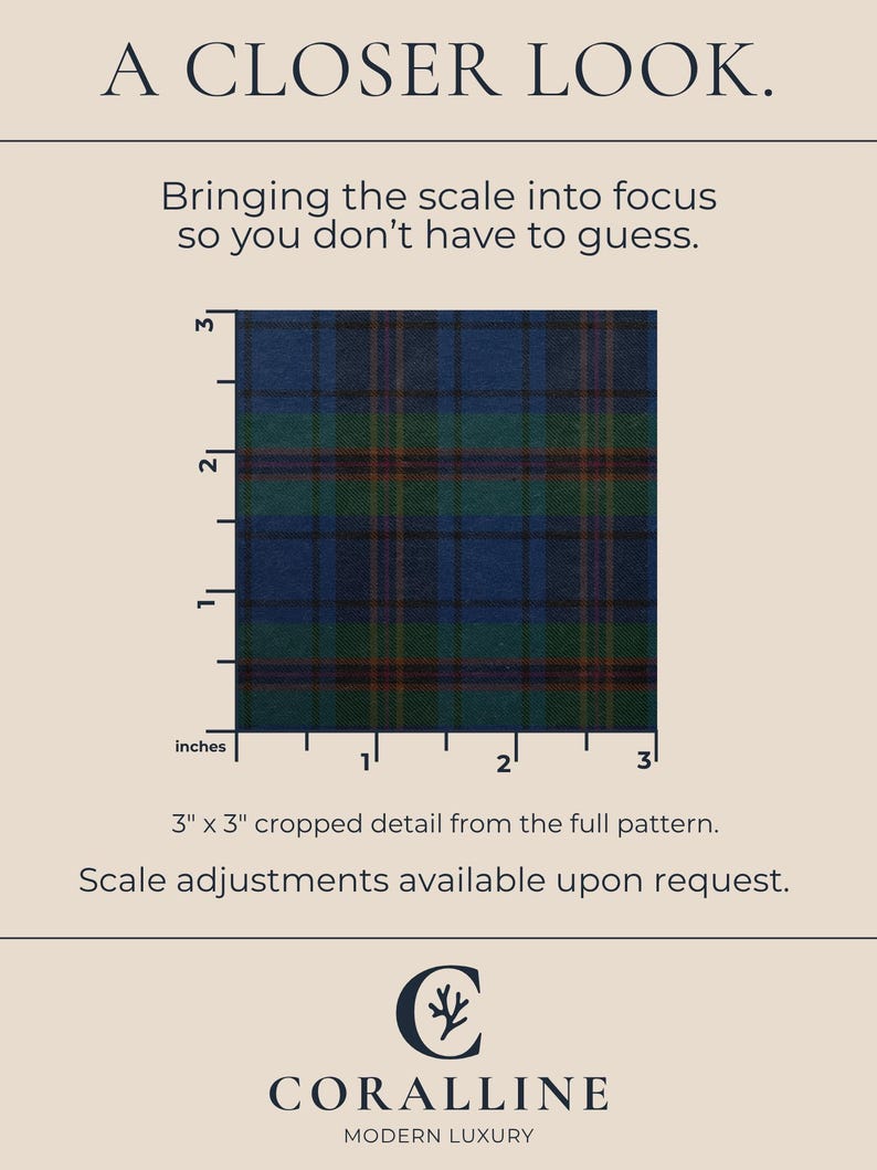 May include: A close-up of a blue, green, and brown plaid fabric sample, measuring 3 inches by 3 inches. The image includes a scale in inches and the text "A Closer Look."