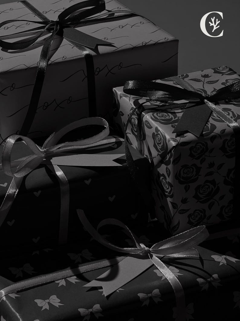 May include: A collection of wrapped gifts in varying sizes, each adorned with black ribbons and bows. The wrapping paper features patterns of roses, bows, hearts, and the word "xoxo". The gifts are arranged in a grayscale palette, creating a sophisticated and elegant presentation.