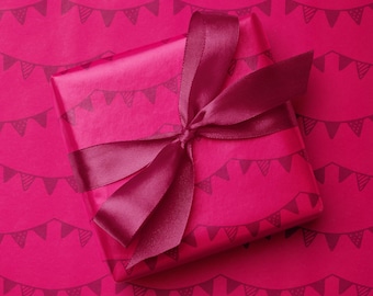 Pink Party Banner Wrapping Paper, Modern Monochromatic Birthday Bunting Gift Wrap