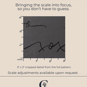 May include: A 3-inch by 3-inch square sample of dark gray fabric featuring a black cursive script pattern. The image includes a ruler along the left and bottom edges, with text stating A CLOSER LOOK, Bringing the scale into focus, so you don't have to guess, and CORALLINE MODERN LUXURY.