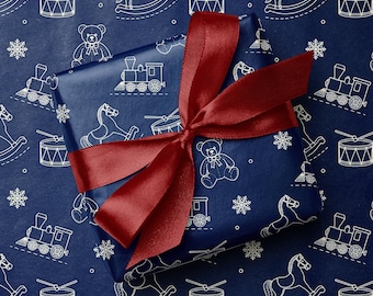Vintage Toy Blueprint Wrapping Paper, Navy Teddy Bear Christmas Gift Wrap Roll