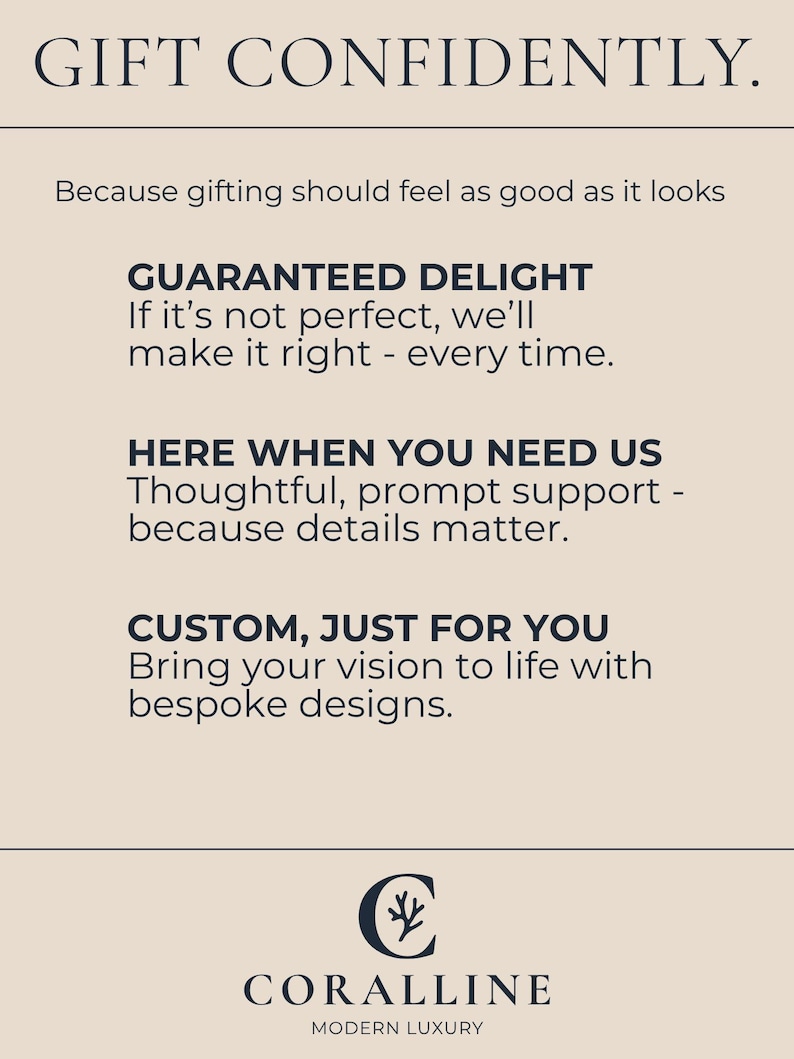 Pode incluir: Gr&aacute;fico creme com o texto "GIFT CONFIDENTLY." e texto adicional sobre deleite garantido, suporte ao cliente e designs personalizados. O logotipo Coralline est&aacute; na parte inferior.