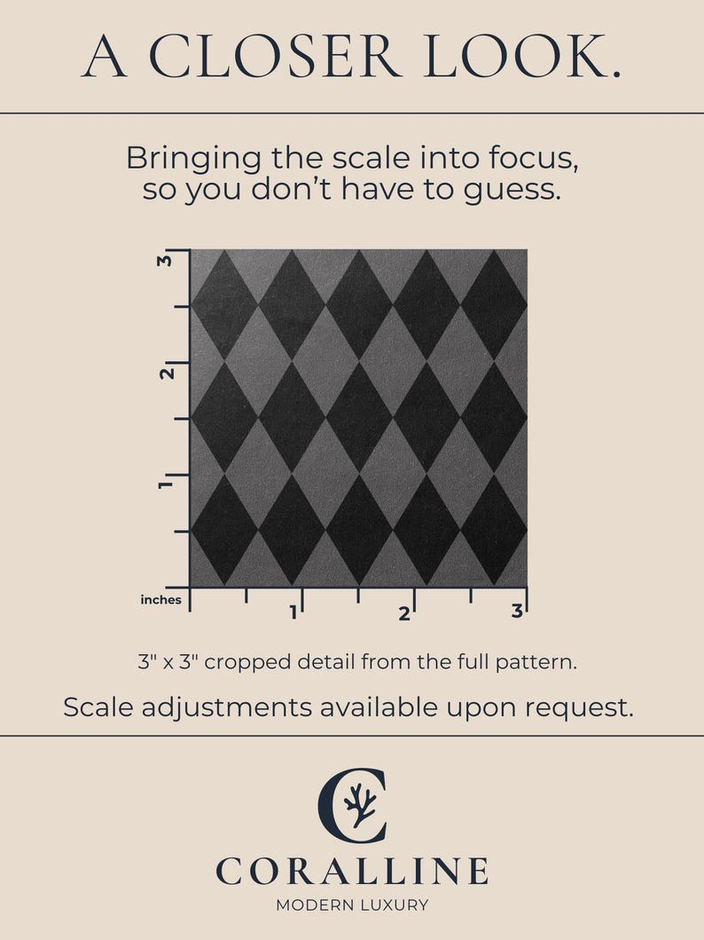 Peut inclure: Gros plan sur un motif de losanges gris et noirs, avec un d&eacute;tail recadr&eacute; de 7,6 cm sur 7,6 cm. Le texte indique "A Closer Look" et "Bringing the scale into focus, so you don't have to guess."