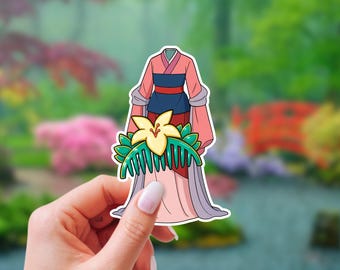 Mulan-klistermärke | Mulan-klänning och blomkam vattentäta vinylklistermärken | Disney-inspirerade klistermärken