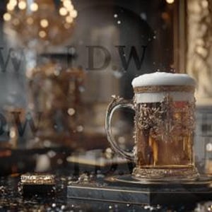 May include: A decorative beer stein filled with beer and topped with a foamy head. The stein has ornate gold detailing and a handle. The image is set in a dimly lit room with a chandelier and other decorative elements.