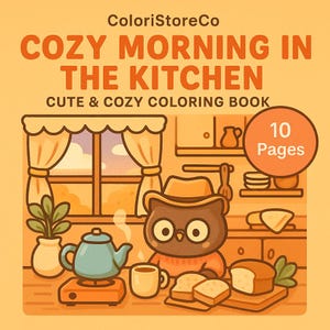 Peut inclure: Illustration numérique d'un livre de coloriage intitulé "Cozy Morning in the Kitchen". La couverture présente un hibou de dessin animé avec un chapeau de cow-boy, du thé et des toasts. L'arrière-plan montre une scène de cuisine avec une fenêtre et une théière. Le livre contient 10 pages.