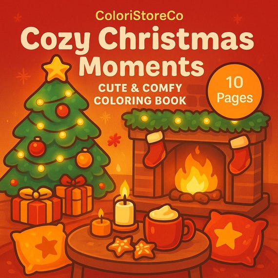 Christmas coloring book for kids and adults, cozy cute holiday pages with gifts tree fireplace & hot cocoa, printable kawaii Christmas art