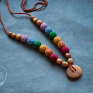 Nursing Necklace - Babywearing Accessory - Breastfeeding and Sensory Toy - Wooden Baby Stroller Toy - Double Earthy Rainbow Necklace