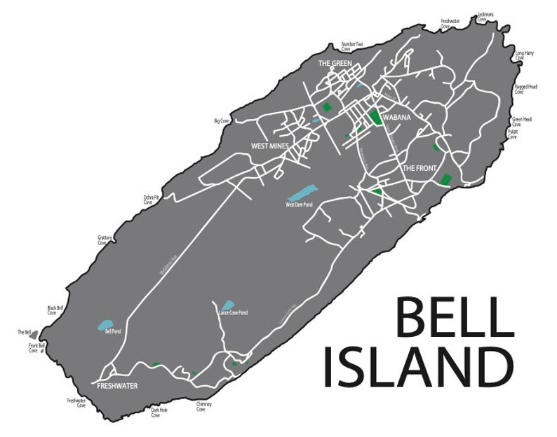 Typographic Map of Bell Island, Newfoundland Avalon Peninsula Conception Bay Maritimes Map Custom Map Poster Personalized Map Art Grey