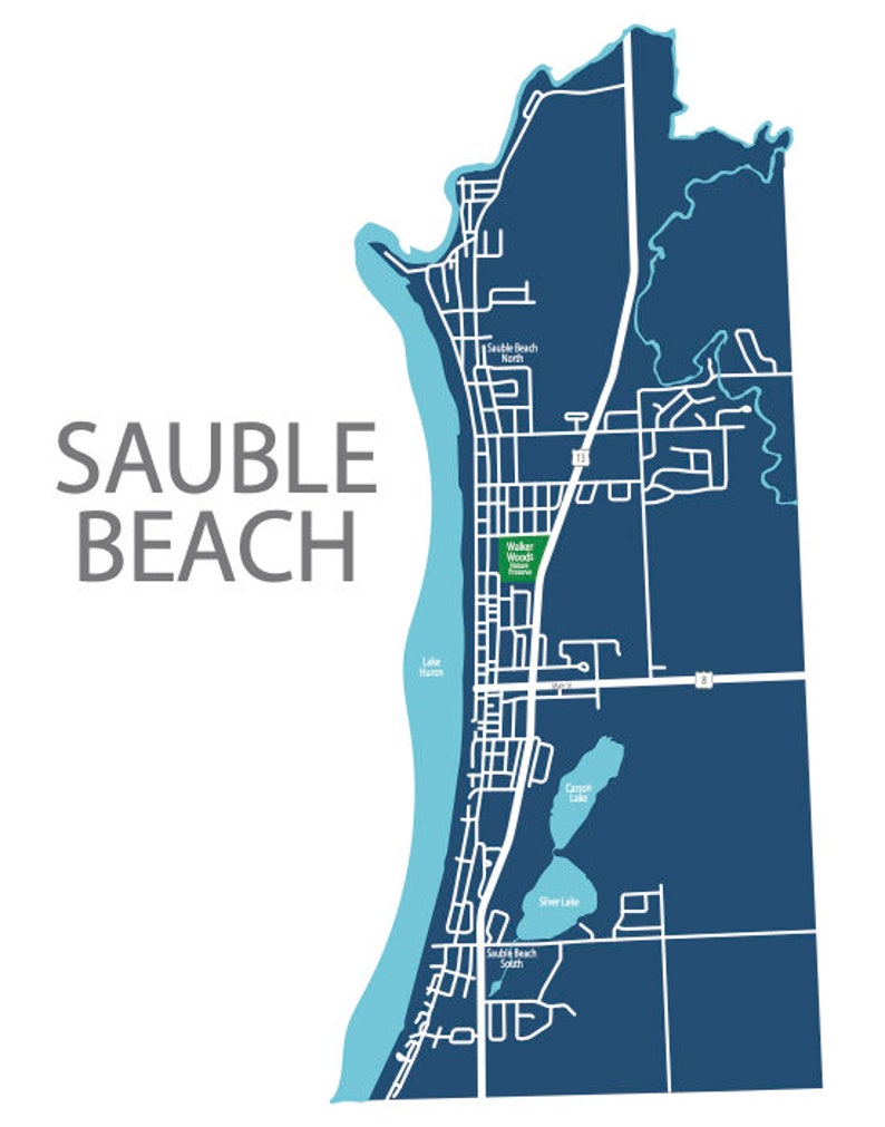 Typographic Map of Sauble Beach Ontario Bruce County City Etsy Ireland