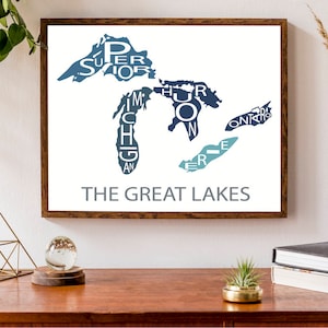 Typografische kaart van de Grote Meren | Kaart van Lake Erie, Lake Huron, Lake Michigan, Lake Ontario en Lake Superior | Aangepaste kaartposter