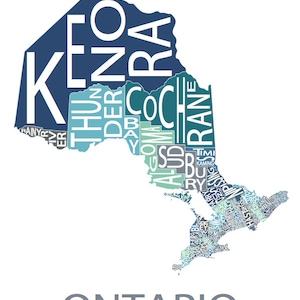 Typographic Map of Ontario 49 Municipalities Map Provincial Map Canadian Map Custom Map Poster Personalized Map Print Multi-Blues (Pic 2)