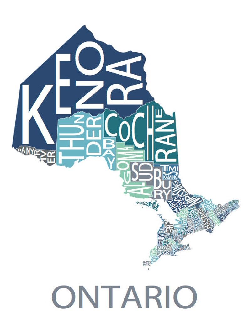 Typographic Map of Ontario 49 Municipalities Map Provincial Map Canadian Map Custom Map Poster Personalized Map Print Multi-Blues (Pic 2)