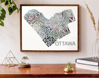 Typographic Map of Ottawa, Ontario | Neighbourhood Poster | City Map Print | Canadian Capital Map | Kanata Nepean Stitsville | Custom Print