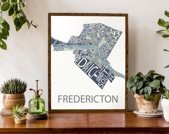 Typographic Map of Fredericton, New Brunswick | City Map | Neighbourhood Poster | Maritimes Map | Custom Map Poster | Personalized Map Print