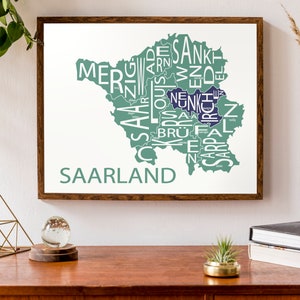 Carte typographique de la Sarre, Allemagne | Carte de l’État allemand | carte européenne | | d’affiche de carte personnalisée Art cartographique personnalisé