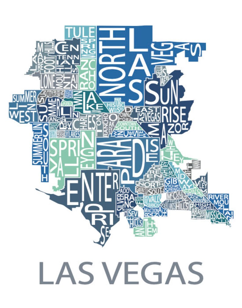 Typographic Map of Las Vegas, Nevada Neighborhood Map City Map Print USA Map Poster Custom Map Poster Personalized Map Art Multi-Blues (Pic 3)