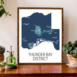 Carte typographique du district de Thunder Bay | Carte du Nord de l'Ontario | Carte du Canada | Impression de carte personnalisée | Illustration de carte personnalisée