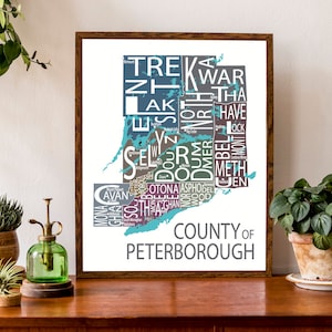 Carte typographique du comté de Peterborough, Ontario | Impression du comté | Affiche de la carte de l'Ontario | Carte du Canada | Illustration de carte personnalisée | Impression de carte personnalisée