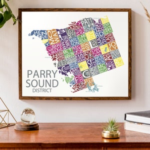 Carte typographique du district de Parry Sound, Ontario | Carte du pays georgian bay cottage | carte canadienne | | d’impression de carte personnalisée Art cartographique personnalisé