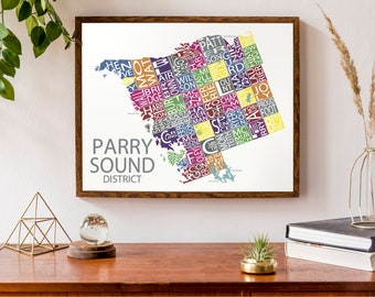 Typographic Map of Parry Sound District, Ontario | Georgian Bay Cottage Country Map | Canadian Map | Custom Map Print | Personalized Map Art