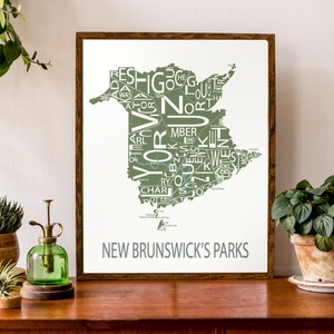 Carte typographique des parcs au Nouveau-Brunswick | Carte des parcs du Nouveau-Brunswick | Camping | Randonnée | Affiche de carte personnalisée | Art personnalisé de carte