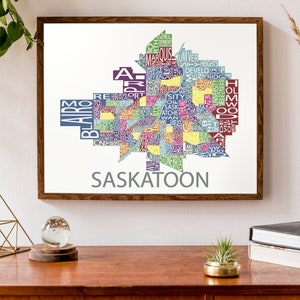 Carte typographique de Saskatoon, Saskatchewan, Canada | Affiches de quartier | Carte de la ville Imprimer | | d’affiche de carte personnalisée Art cartographique personnalisé
