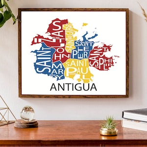 Carte typographique d'Antigua | Carte de l'île | Petites Antilles | affiche d'île des Caraïbes | Carte personnalisée de Waladli | Illustration de carte personnalisée