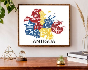 Typographic Map of Antigua | Island Map | Lesser Antilles | Caribbean Island Poster | Waladli Custom Map Poster | Personalized Map Art