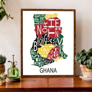 Typographic Map of Ghana, Africa | Regional Map | Regional Capitals of Ghana Print | West African Map | Custom Map Poster | Personalized Art