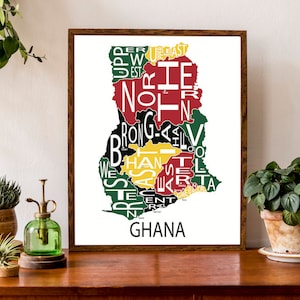 Carte typographique du Ghana, Afrique | Carte régionale | Capitales régionales du Ghana Imprimer | Carte de l'Afrique de l'Ouest | Poster de carte personnalisée | Art personnalisé
