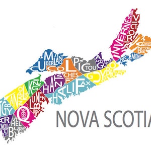 K&ouml;nnte beinhalten: Eine bunte Karte von Nova Scotia mit den Namen verschiedener St&auml;dte und Gemeinden in der Provinz. Die Karte ist wei&szlig; umrandet und der Text ist wei&szlig;.