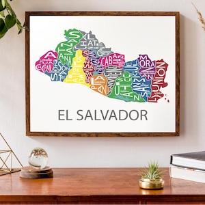 Carte typographique du Salvador | Départements du Salvador avec capitales | Carte de l'Amérique centrale | Poster de carte personnalisée | Art personnalisé