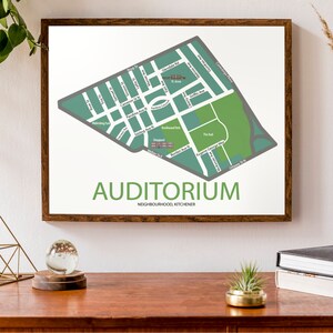 Carte typographique du quartier de l’auditorium de Kitchener, Ontario | carte de quartier | | d’impression de cartes modernes Affiche de carte personnalisée