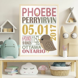 May include: A pink, brown, and yellow baby announcement poster with a bird illustration. The poster reads "Phoebe Perry Irvin 05.01.2017 6 pounds 10 ounces 11:52 PM Ottawa Ontario".