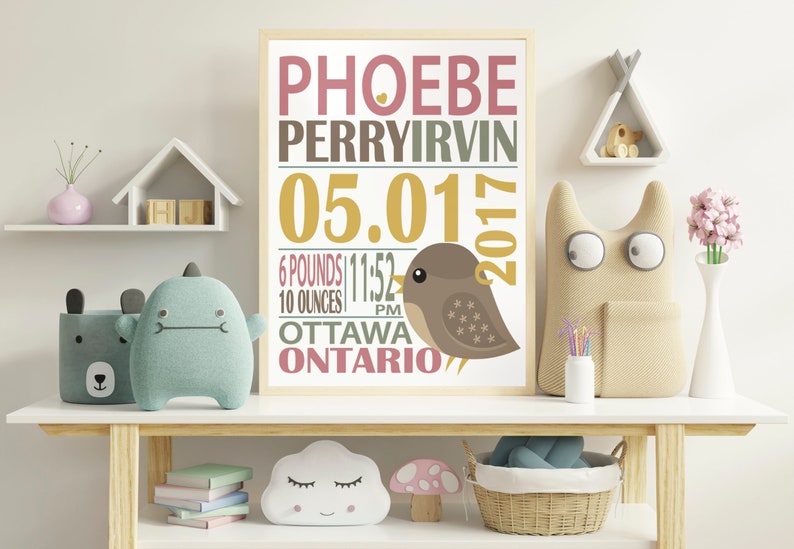 May include: A pink, brown, and yellow baby announcement poster with a bird illustration. The poster reads "Phoebe Perry Irvin 05.01.2017 6 pounds 10 ounces 11:52 PM Ottawa Ontario".
