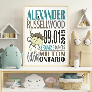 May include: A framed nursery print with a monkey illustration and the text "Alexander Russellwood 09.01.2018 8 pounds 9 ounces 6:06 p.m. Milton Ontario".