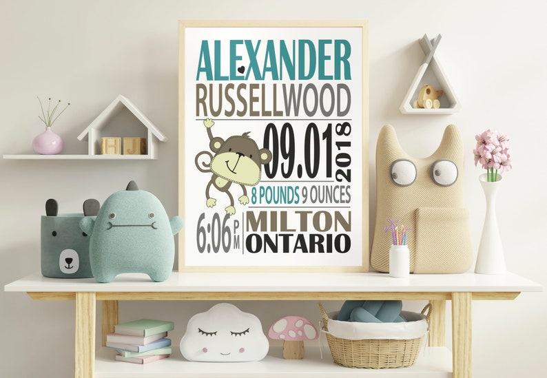 May include: A framed nursery print with a monkey illustration and the text "Alexander Russellwood 09.01.2018 8 pounds 9 ounces 6:06 p.m. Milton Ontario".